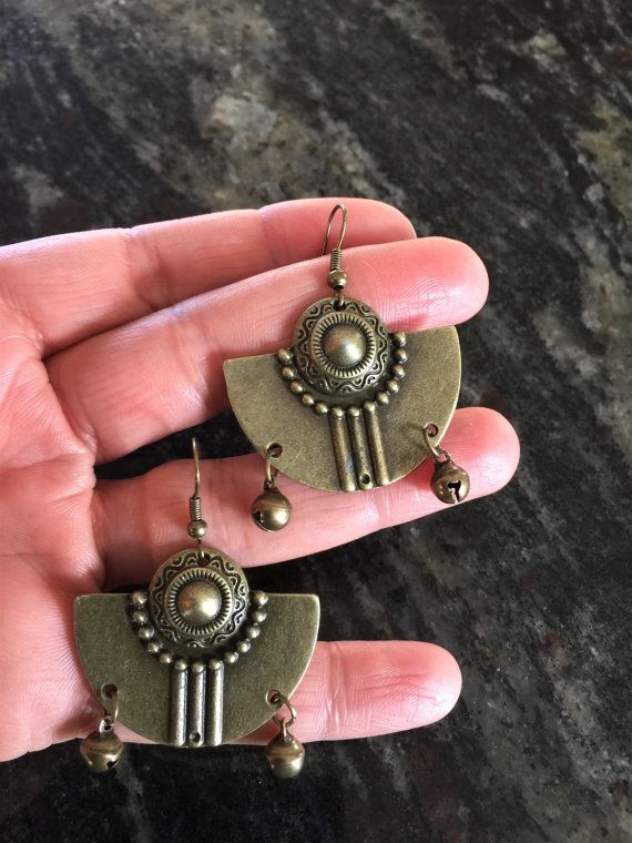 Aztec earrings Bohemian earrings Ethnic earrings Boho Bronze Festival Earrings, Adjustable Bronze Bohemian Earrings, Antique Brass Drop Plug Earrings, Antique Brass Plug Drop Earrings, Bohemian Festival Earrings With Bells, Bohemian Bell Earrings For Festivals, Vintage Bronze Chandelier Earrings In Brass, Bronze Nickel-free Chandelier Earrings In Brass, Bronze Antique Finish Drop Earrings