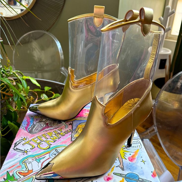 Pvc And Leather Upper With Manmade Sole Pull-On Styling With Side Pulls Metal Rands Pointed Toe Stiletto Heel Approx 100mm/ 4inch Heel Clear Boots, Platforms Shoes, Jeffrey Campbell Shoes, Jeffrey Campbell, Platform Shoes, Stiletto Heel, Stiletto Heels, Bootie Boots, Leather Upper