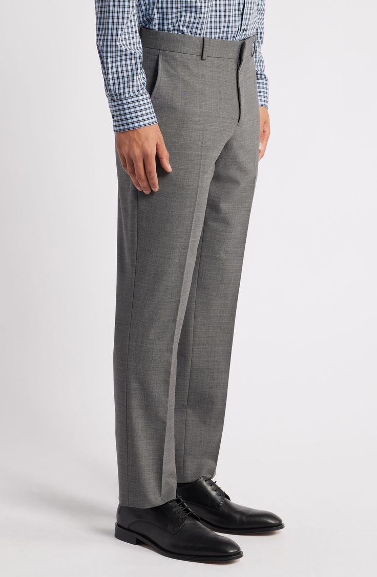 Smart and versatile, these dress pants tailored from polished wool feature a touch of stretch to keep you moving comfortably at any formal occasion. 36 1/2" inseam; 15" leg opening; 9 1/2" front rise; 15" back rise (size 30) Zip fly with hook-and-bar closure Front slant pockets 96% wool, 4% elastane Dry clean Imported Pants Tailored, Wool Dress, Formal Occasion, Dress Pants, Dry Clean, Nordstrom, Trim, Wool, Bar