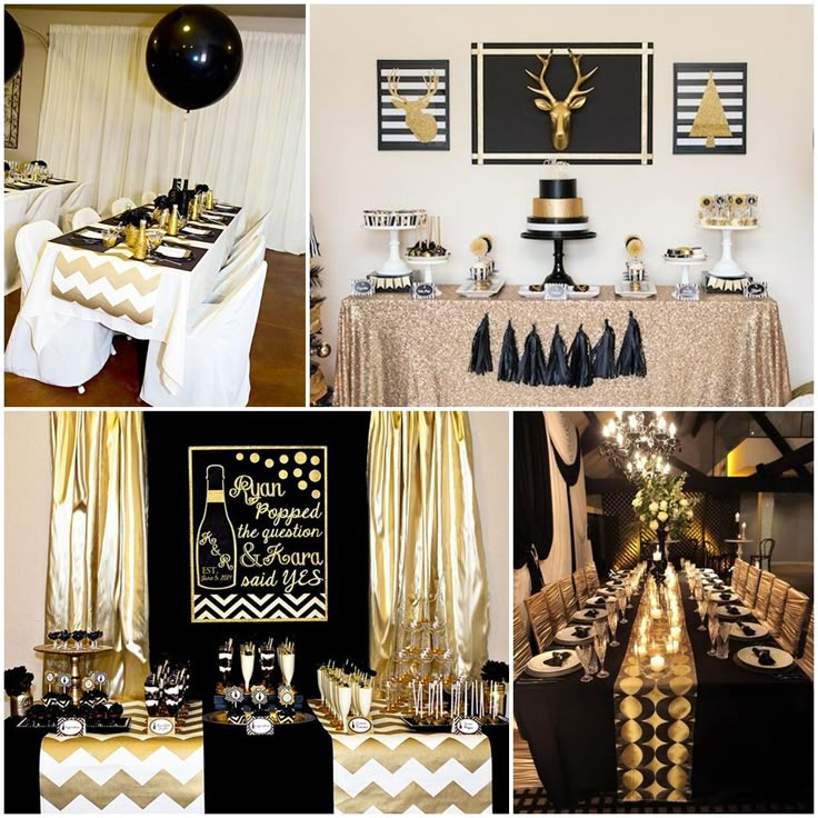 black, gold and white party decorations