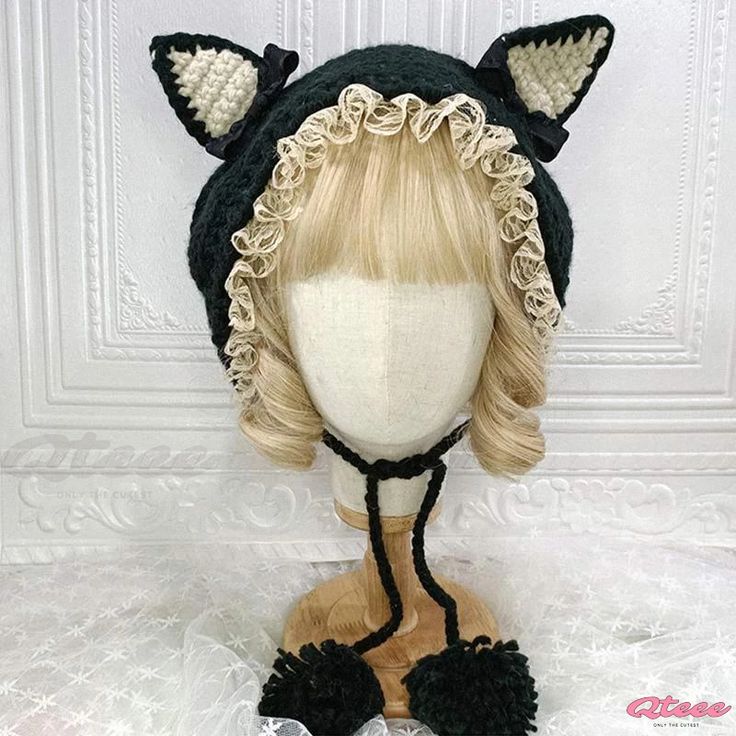 Qteee - Charming Feline-Inspired Lace Lolita Hat for Cozy Comfort Casual Brimmed Fitted Bonnet, Casual Fitted Brimmed Bonnet, Cute Knitted Cat Ears Hat, Cute Cat Ears Hat, Cute Cotton Hat, Cute Cotton Hat One Size, Cute Cotton Hat, One Size Fits All, Cute One Size Cotton Hats, Whimsical Black Winter Hat