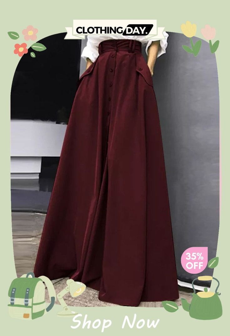 Temperament Cozy Lady Single-breasted Long Skirts High Waist Solid Color Maxi Skirt For Fall, Solid Skirt With Button Closure For Fall, Solid Color Skirt With Button Closure For Fall, Trendy Fall Maxi Skirt With Pockets, Skirt Streetwear, High Waisted Maxi Skirt, Womens Maxi Skirts, Long Skirts For Women, Elegant Skirt