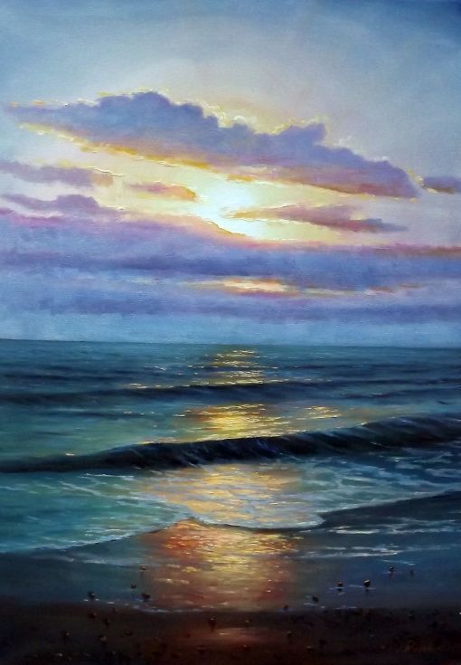 a painting of the sun setting over the ocean