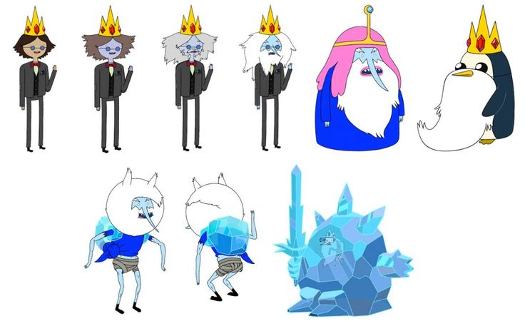 several cartoon characters with different outfits and hair styles, all wearing crowns on their heads