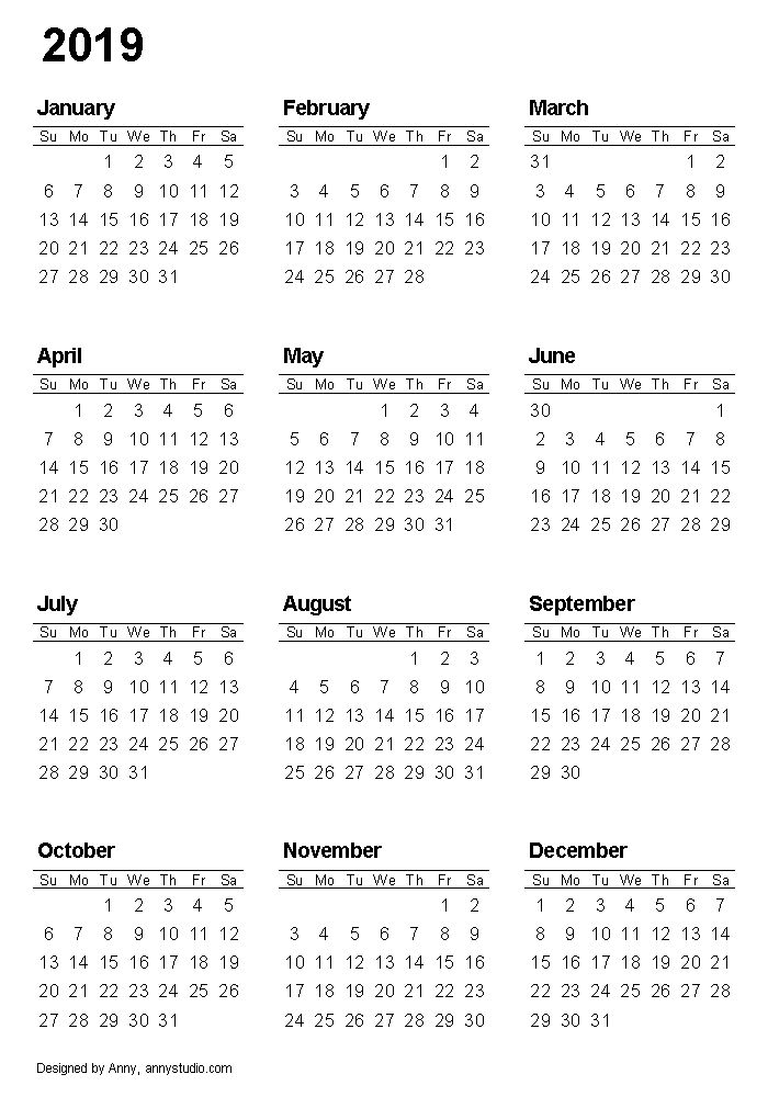 a calendar for the year 2019 with holidays in english and spanish ...