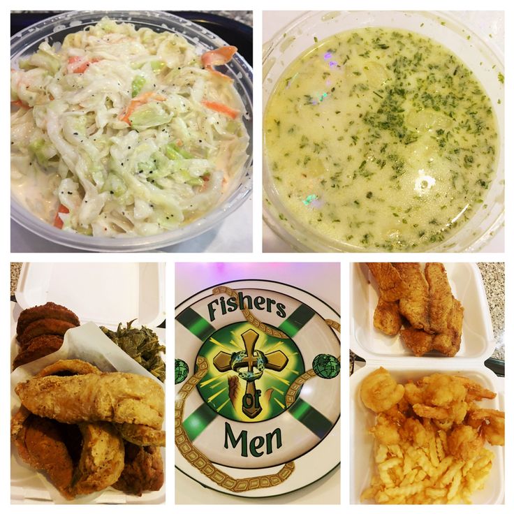 four different pictures of food including chicken, coleslaw and fish