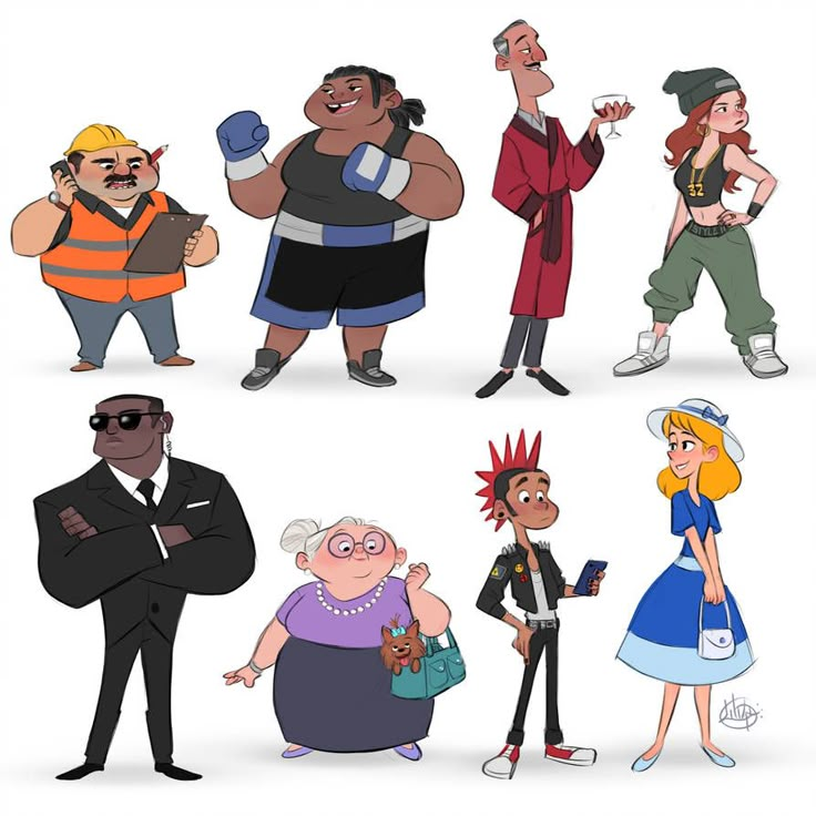 cartoon characters in different poses and costumes