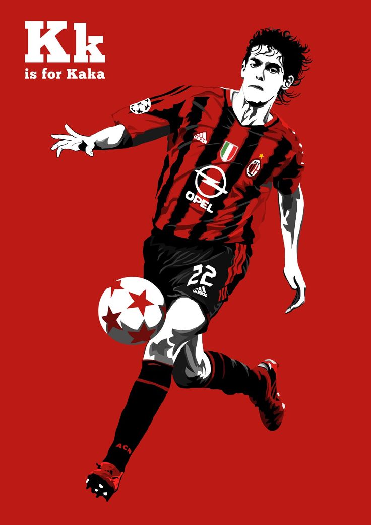 a man kicking a soccer ball on top of a red background with the words kk is for kaka