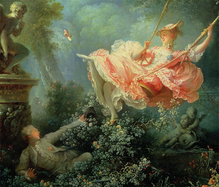 a painting of a woman swinging on a swing with two men in the foreground