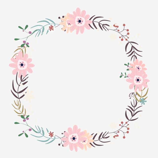 a floral wreath frame with pink flowers and green leaves on the bottom, in pastel colors