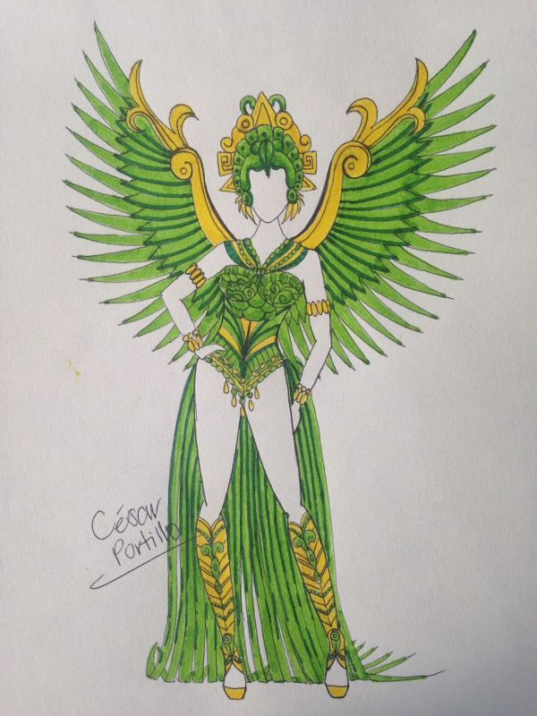 a drawing of a woman in green and gold with wings on her head, standing