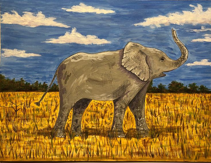 an elephant standing in the middle of a field with blue sky and clouds behind it