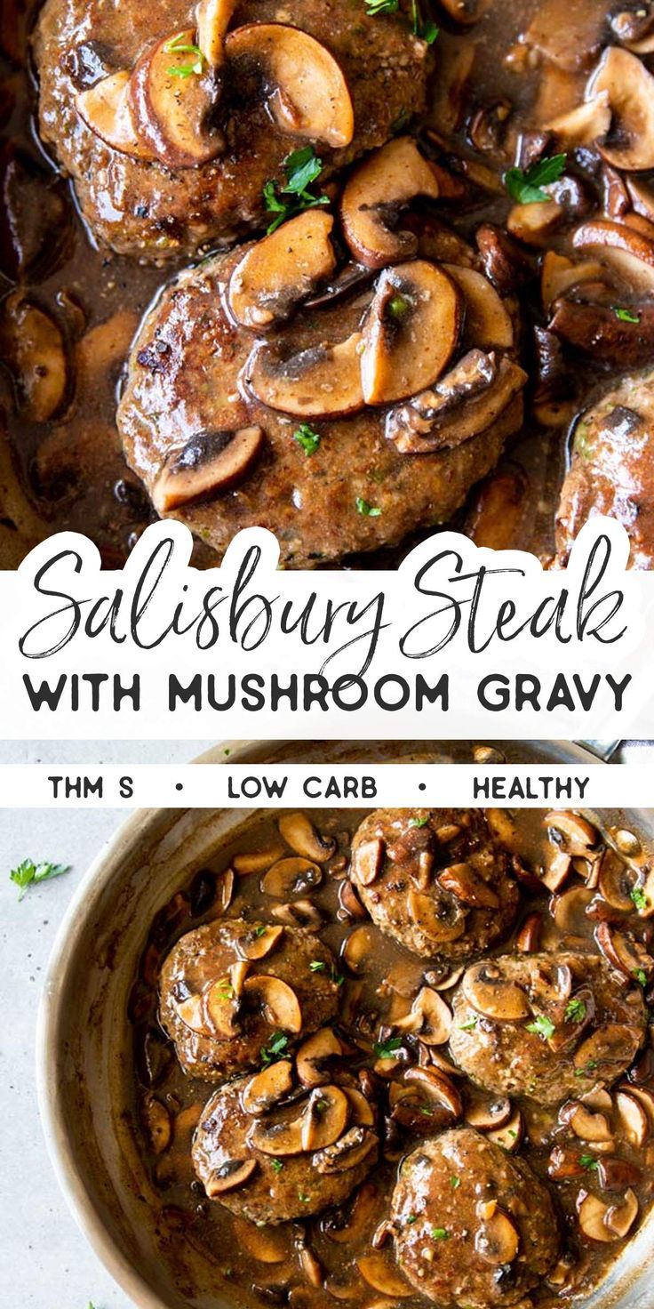 steaks with mushroom gravy in a skillet and on the side is a bowl full of mushrooms