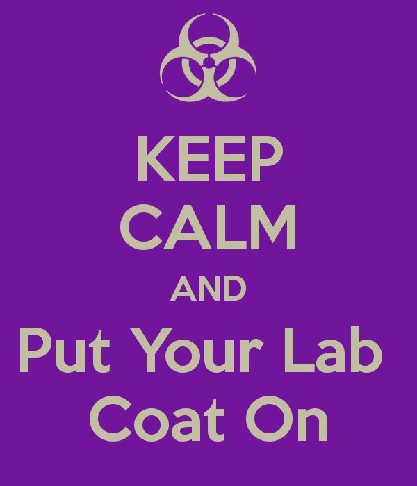 a purple poster with the words keep calm and put your lab coat on in white