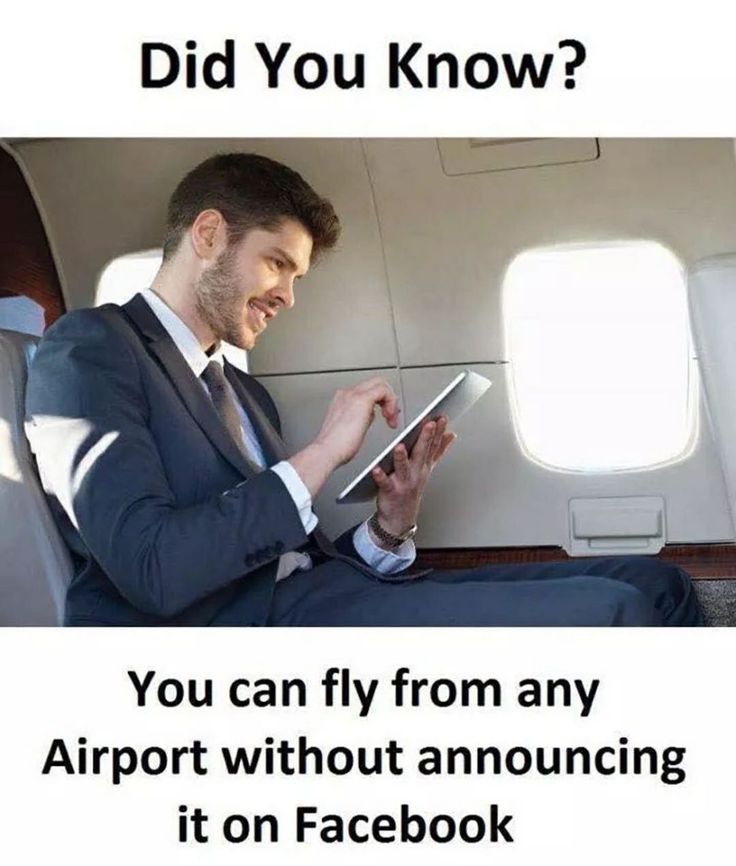 a man in a suit sitting on an airplane looking at his tablet computer with the caption you can fly from any airport without announcing it on facebook