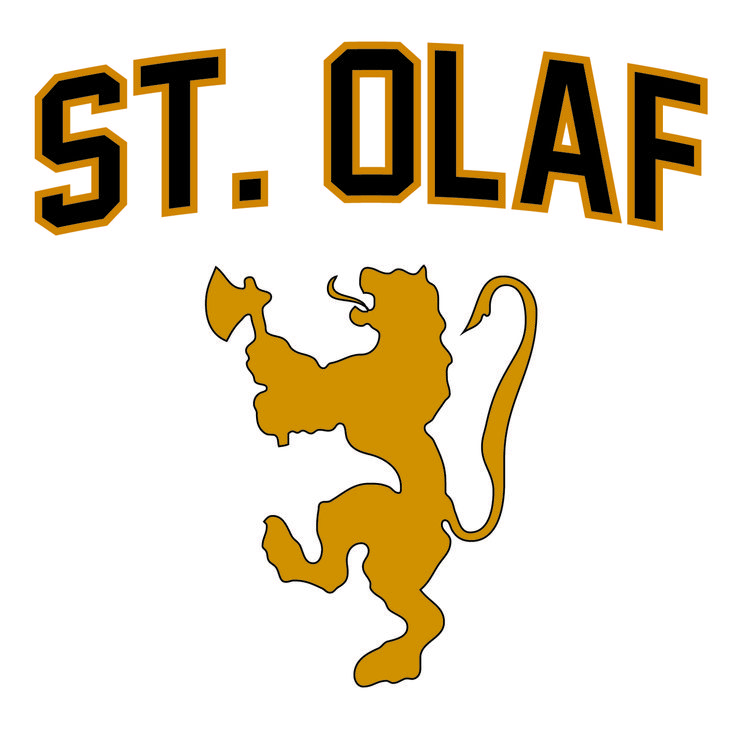 the st olaf logo is shown in yellow and black on a white background with orange letters