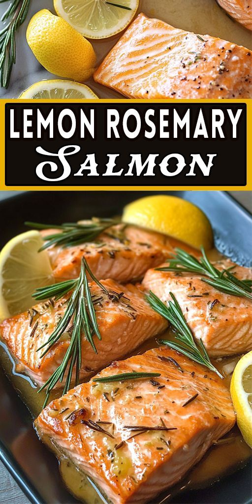 lemon rosemary salmon on a plate with lemons and rosemary