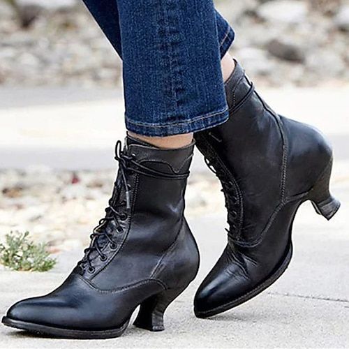 Category:Boots; Upper Materials:PU; Season:Fall,Winter; Heel Type:Kitten Heel; Gender:Women's; Activity:Walking; Toe Shape:Round Toe; Type:Booties Ankle Boots; Style:Minimalism,Elegant,Casual,Vintage; Heel Height(inch):1-2; Outsole Materials:Rubber; Occasion:Daily,Outdoor; Closure Type:Lace-up; Pattern:Solid Color; Listing Date:09/18/2023; Production mode:External procurement; 2024 Trends:Brogue,Plus Size,Heel Boots; Size chart date source:Provided by Supplier. Boots 2024, Black Cottage, Granny Boots, Heels Short, Victorian Boots, Brogues Style, John Fluevog Shoes, Fluevog Shoes, Popular Boots