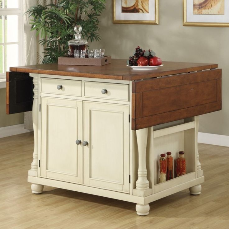 a white kitchen island with wooden top in a room