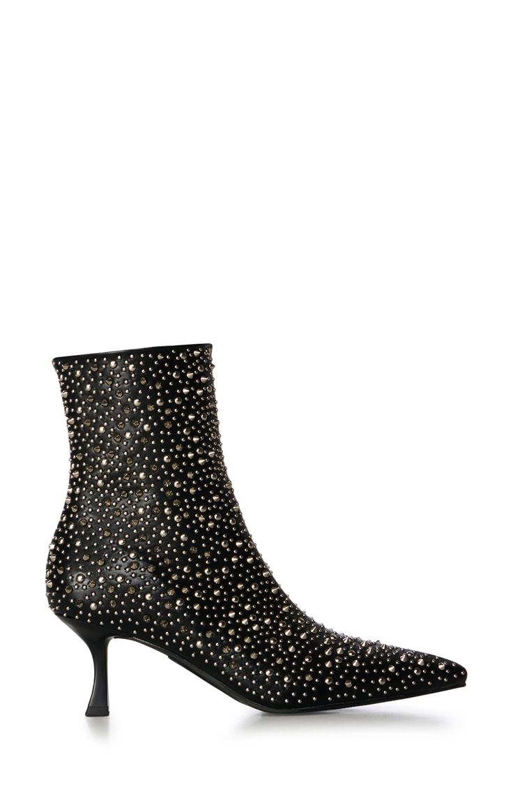 Polished studs create an edgy aesthetic on a bold bootie balanced by a pointy toe and tapered flare heel. Side zip closure Synthetic upper, lining and sole Imported Asian & Pacific Islander Owned/Founded Chic Embellished Heeled Boots For Night Out, Chic Embellished Fitted Boots, Elegant Studded Pointed Toe Heeled Boots, Elegant Studded Heeled Boots With Pointed Toe, Chic Embellished High Heeled Boots, Fitted Studded Ankle Boots, Chic Embellished Heeled Boots With Pointed Toe, Edgy Studded Party Boots, Chic Rhinestone Boots For Fall