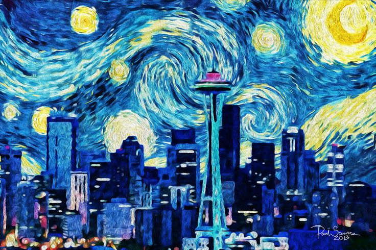 the starry night in seattle painting by canadian artist michael vandervegte