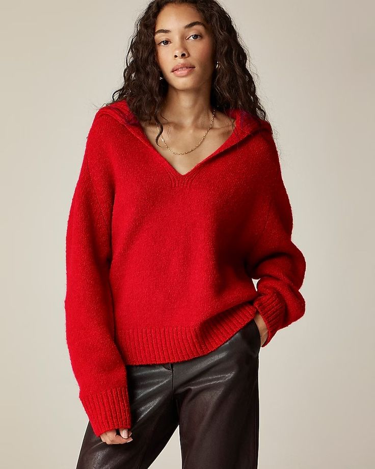 J.Crew: Johnny-collar Sweater With Ribbed Trim For Women Knit V-neck Sweater With Ribbed Collar For Fall, Chic Knit Polo Sweater With Ribbed Cuffs, Chic Winter Sweater With Ribbed Collar, Chic Fall Sweater With Ribbed Collar, Chic Collared Winter Sweater, Chic Collared Knit Sweater, Chic Collared Fall Sweater, Chic Collared Sweater For Fall, Chic Knit Sweater With Ribbed Collar