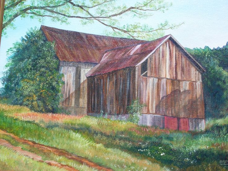 a painting of an old barn in the country with grass and trees on either side