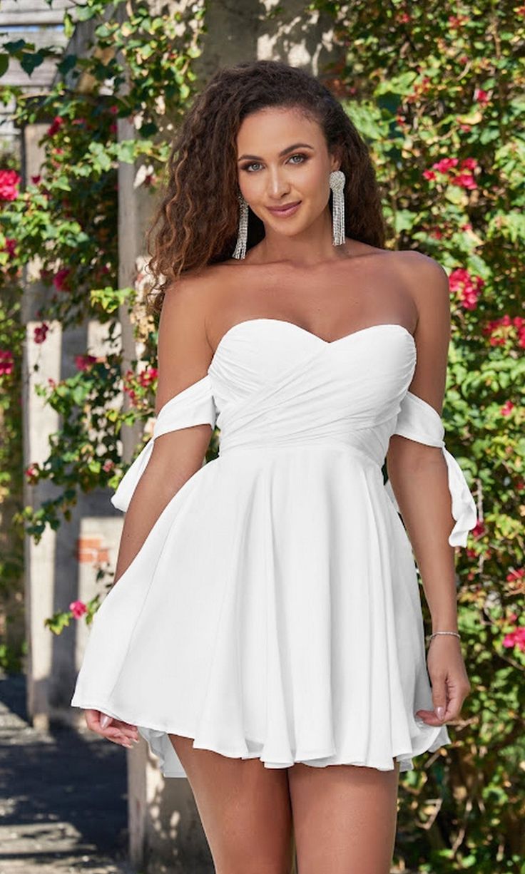 Short a-line off the shoulder party dress with sweetheart neckline. Strapless Bridesmaid Mini Dress For Summer, Cold Shoulder Off Shoulder Dress For Summer Party, Cold Shoulder Off-shoulder Dress For Summer Party, Summer Party Cold Shoulder Dress, Strapless Off Shoulder Summer Homecoming Dress, Summer Strapless Off Shoulder Homecoming Dress, Strapless Off Shoulder Dress For Prom Season, Strapless Off Shoulder Dress For Prom, Summer Homecoming Off Shoulder Dress