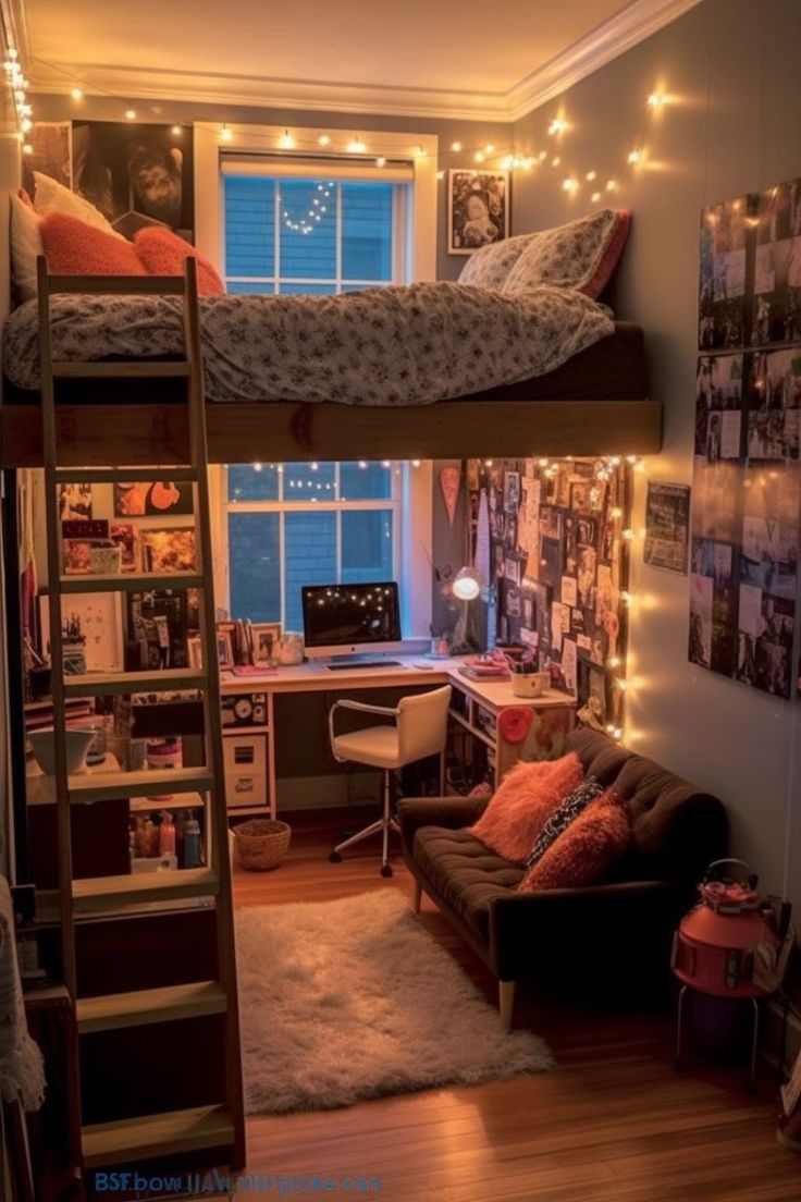 a bedroom with bunk beds and lights on the ceiling, in front of a window