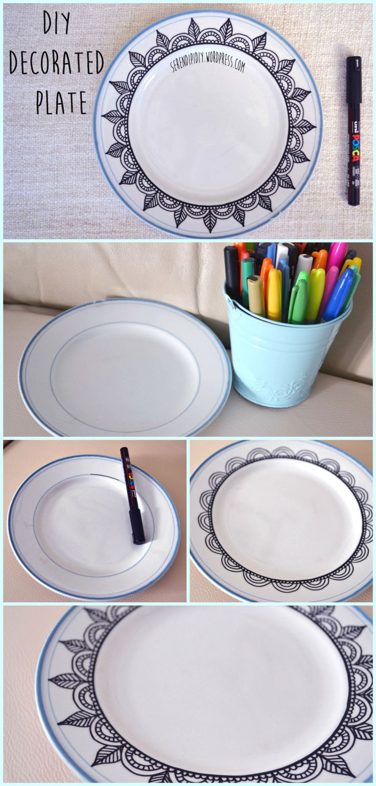 the steps to make a diy decorated plate with markers and crayons in it