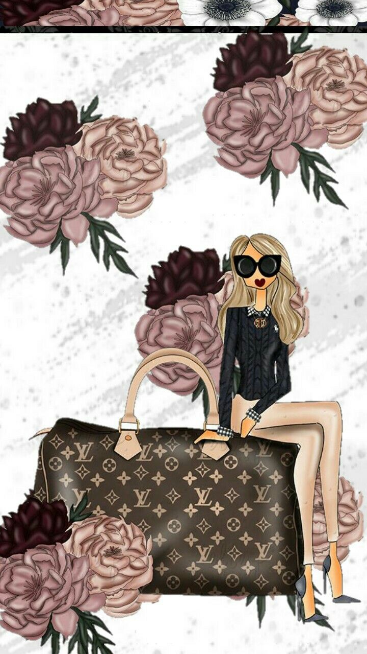 a woman sitting on top of a louis vuitton bag with flowers in the background