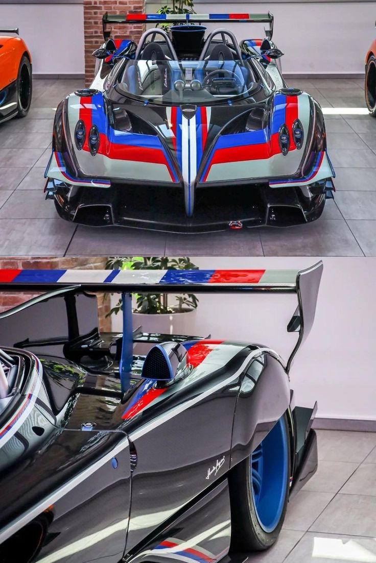 two pictures of the same sports car in different stages of being painted red, white and blue