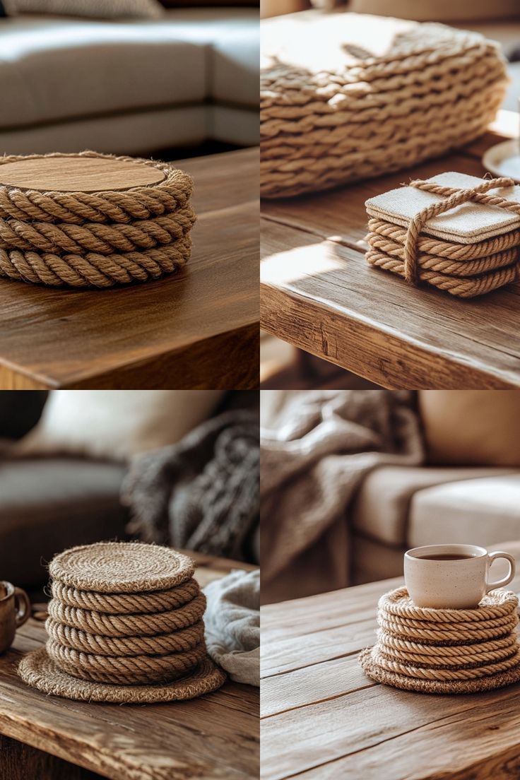 there are three pictures of coffee cups and coasters on the table with rope wrapped around them