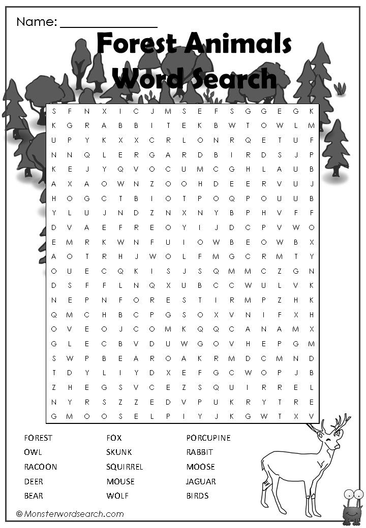 the forest word search is shown in black and white, with an image of a deer