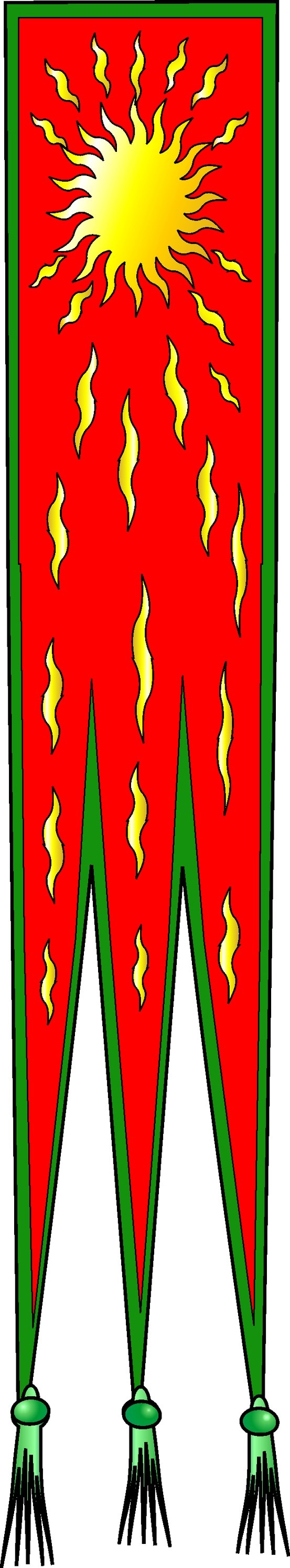 a red and green flag with yellow lightnings on the top, and two black legs