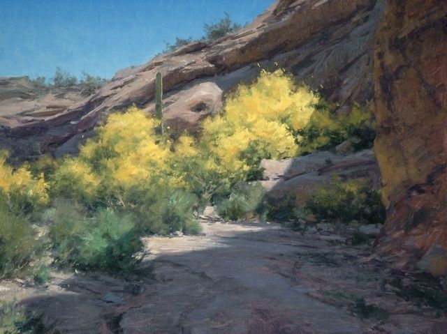 a dirt road surrounded by rocks and yellow flowers in the desert with red circles around it