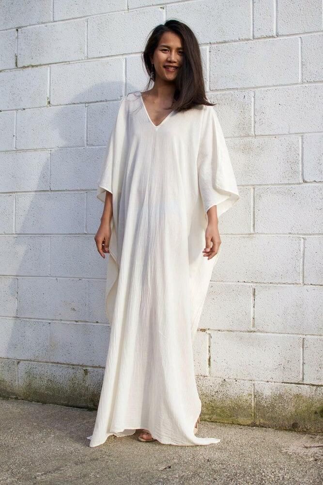 Bohemian V-neck Robe For Loungewear, White V-neck Robe For Sleep, White V-neck Kimono For Vacation, Long Summer Robe For Sleep, Long Summer Sleep Robe, Beige Dresses With Kimono Sleeves For Vacation, Beige Dress With Kimono Sleeves For Vacation, Long Beige Kaftan For Spring, Beige Long Kaftan For Spring