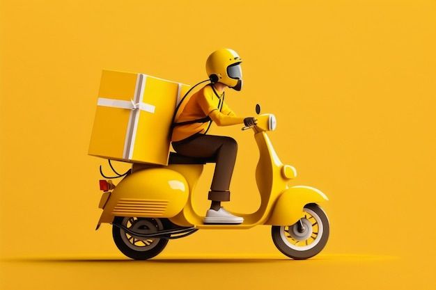 a man riding on the back of a yellow scooter with boxes strapped to it