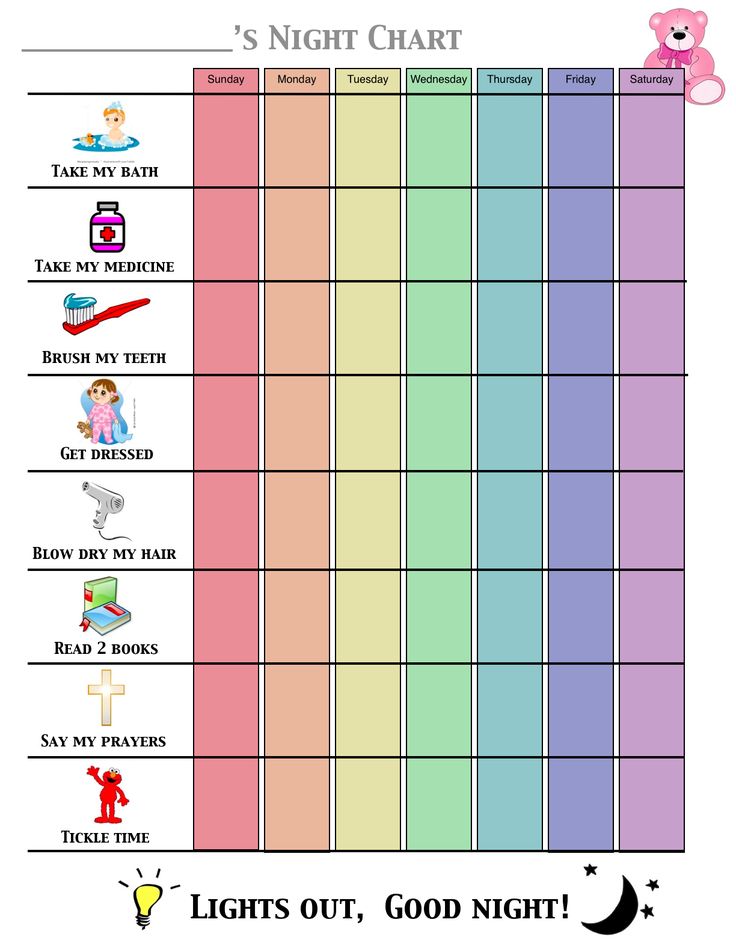 the printable night chart for children's bedtime games and activities is shown