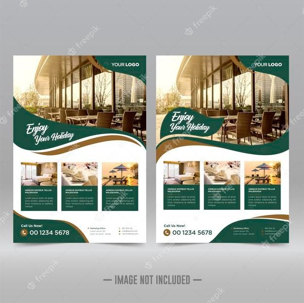 a set of two green flyer templates with chairs and tables