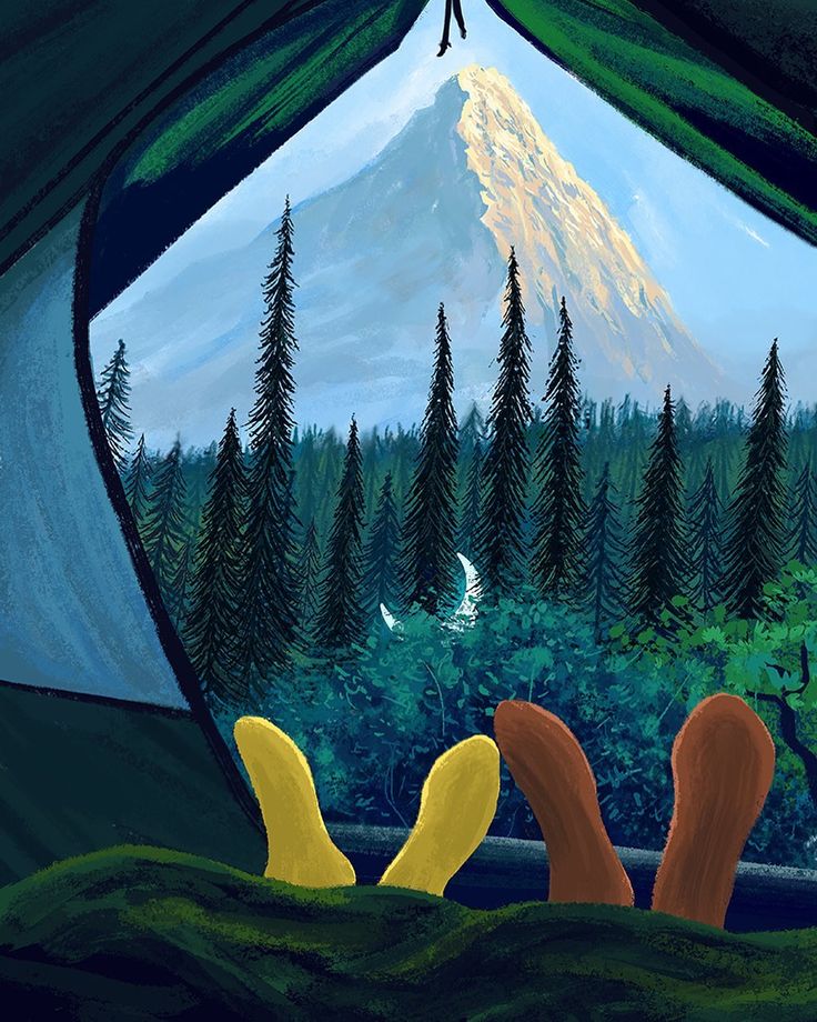 two people are sitting in the tent looking out at the mountains and trees, while one person is laying down with their feet on the ground