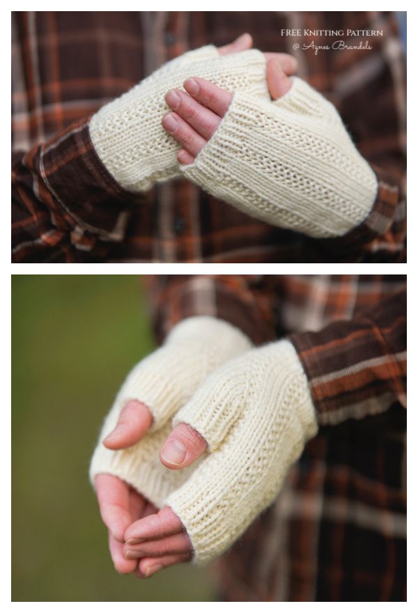 two photos of hands wearing mittens, one in white and the other in beige