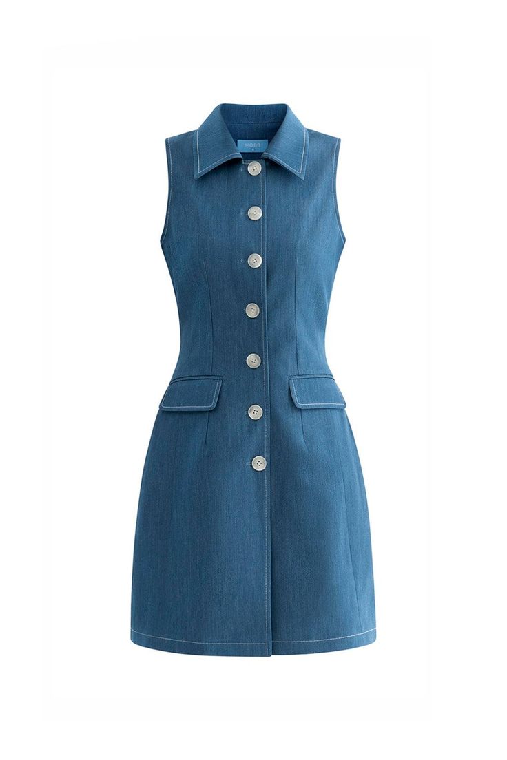 Mini Length Denim Dress With Button Closure For Work, Mini Denim Dress With Button Closure For Work, Denim Button-up Dress For Work, Denim Blue Knee-length Dress With Buttoned Pockets, Elegant Mini Denim Dress For Spring, Knee-length Denim Blue Dress With Buttons, Elegant Sleeveless Denim Mini Dress, Classic Fitted Denim Dress With Buttons, Button-up Denim Dress For Workwear