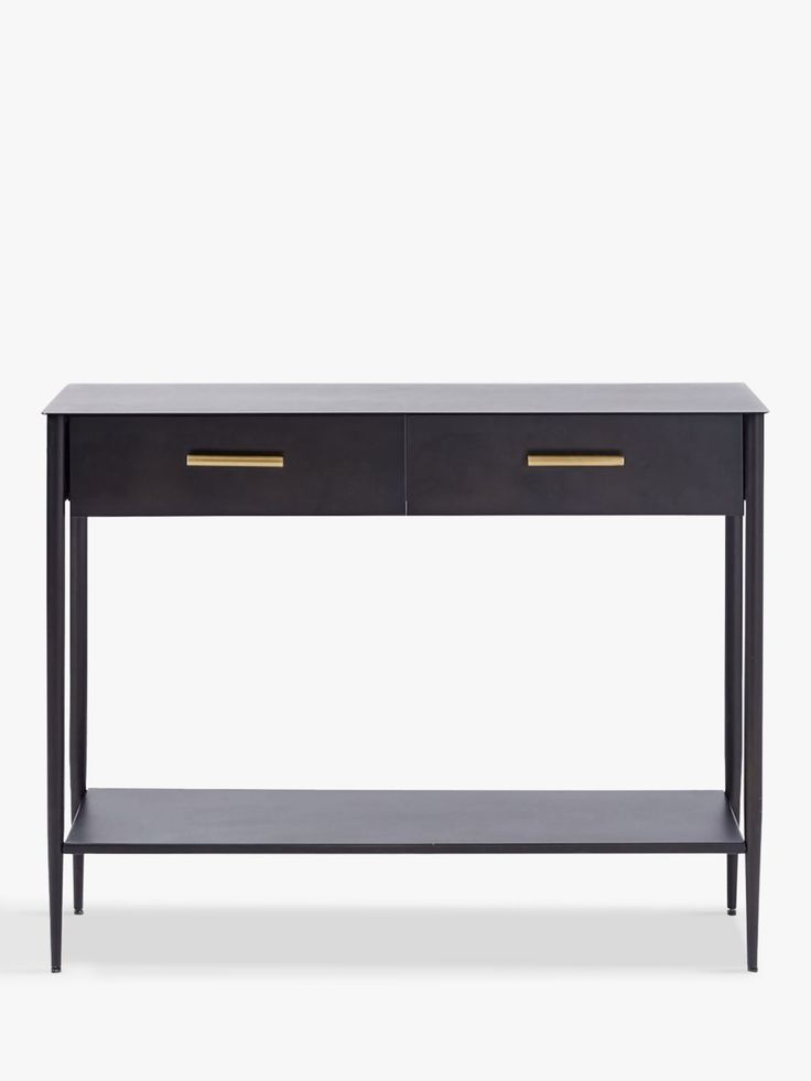 a black console table with two drawers and gold pulls on the bottom, against a white background