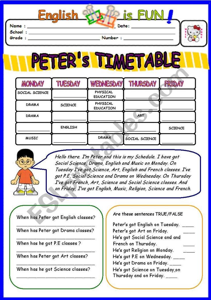 an english worksheet with the words peter's timetable