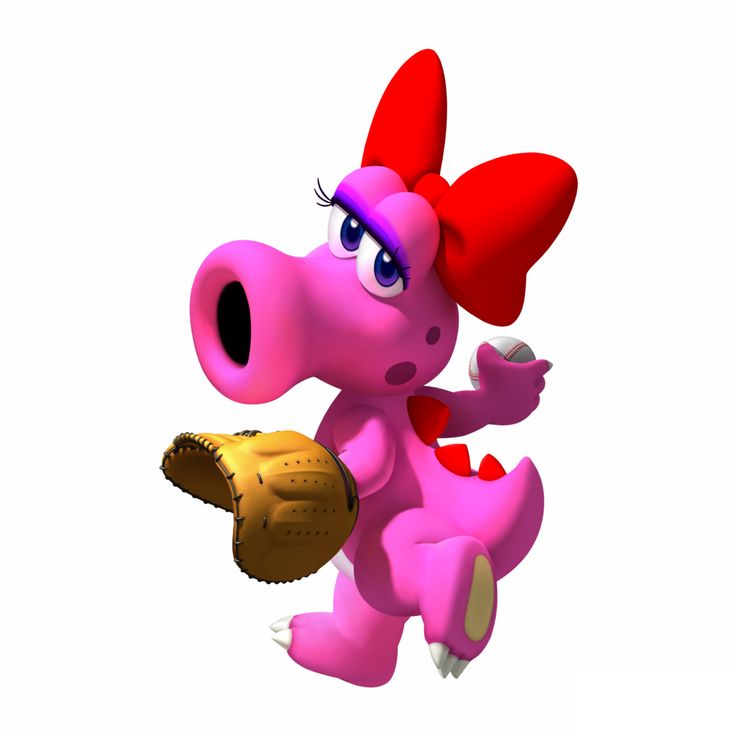 a pink cartoon character holding a baseball glove