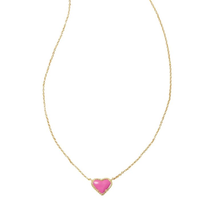 Dainty, sweet, and oh-so-chic, the Anna Pendant Necklace will have you feeling the love. An adorable heart pendant on a delicate chain, style this sweet necklace solo or stacked for a fun, flirty look. To preserve your fashion jewelry for years to come, agents such as soaps, perfumes, lotions, makeup, hair and cleaning products, and other chemical contact should be avoided. Take care to remove jewelry before showering, sleeping, exercising or swimming. Kendra Scott is known for its design and ma Pink Necklace For Everyday And Valentine's Day, Magenta Earrings, Brass Pendant Necklace, Jewelry Kendra Scott, Preppy Jewelry, Target Gifts, Sweet Necklace, Kendra Scott Necklace, Galentines Day