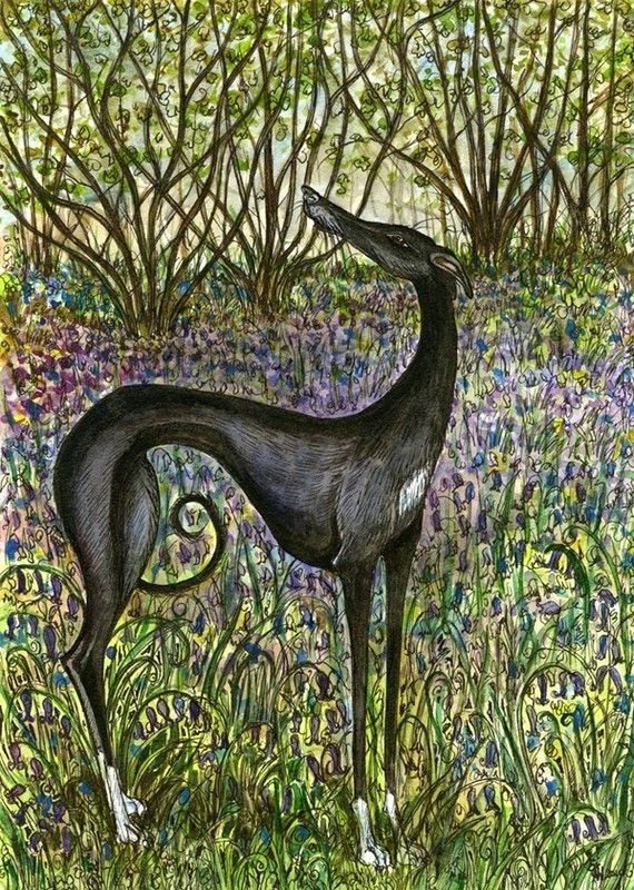 a drawing of a dog standing in the middle of a field with trees and flowers