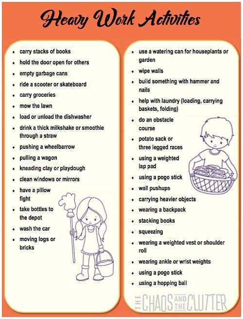 Proprioception input has a calming effect, particularly when a person is feeling overstimulated. Heavy work activities are particularly effective for calming. These printable suggestions offer heavy work ideas that can be used with children at home or in the classroom. Heavy Work Activities, Sensory Processing Activities, Proprioceptive Activities, Cushings Disease, 100 Días De Clases, Babysitting Activities, Activity Printables, Sensory Therapy, Sensory Diet