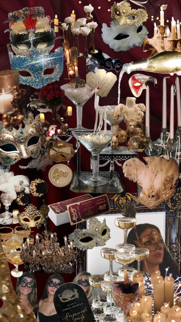 a collage of masquerade masks, candles, and other items on display